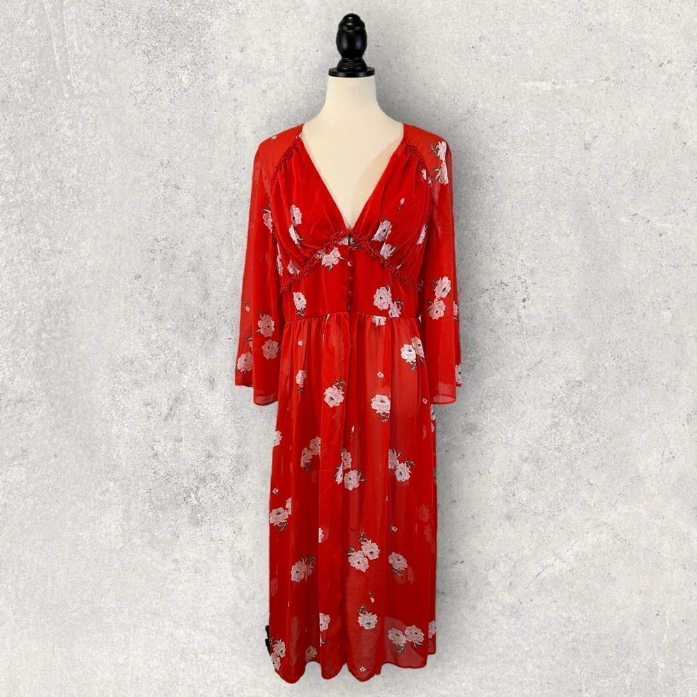 NWT Divided H&M Red Sheer Dress V-Neck Chiffon Floral Print Size 10